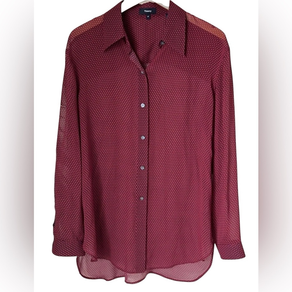 Theory Geometric Patterned Long Sleeve Sheer Silk Button Down Blouse